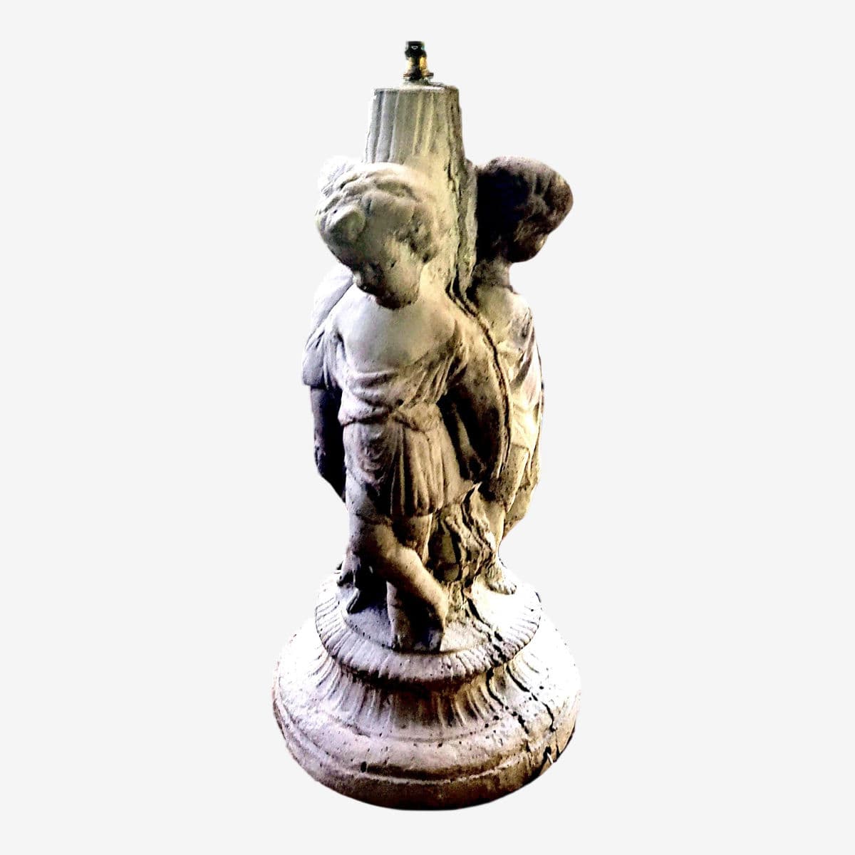 1960's Indoor Outdoor Unpainted Cast Solid Cement Putti Trio Table Lamp