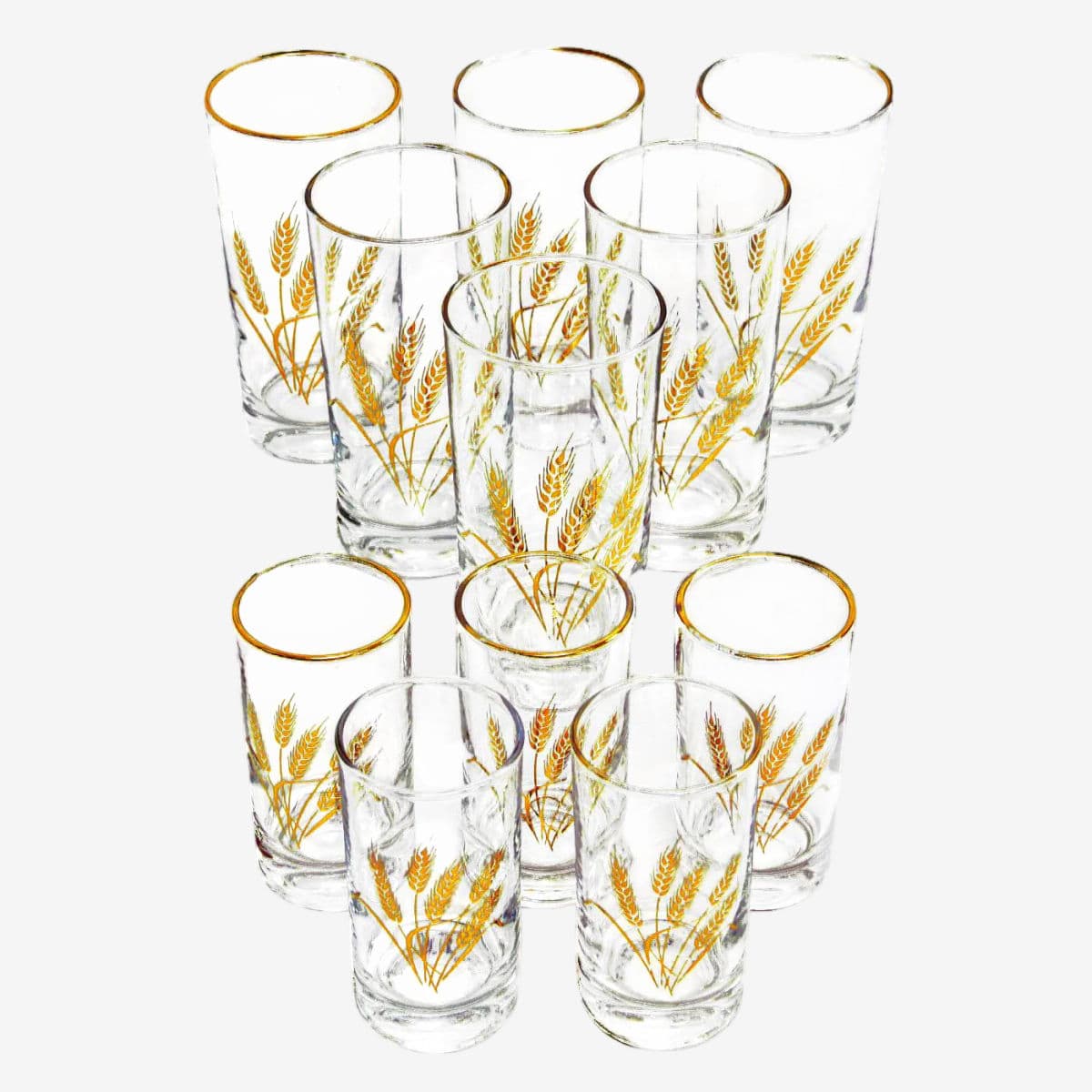1960s Gilt Rimmed Libby Co Beverageware With Gold Wheat Bunch Graphic - Set of 11