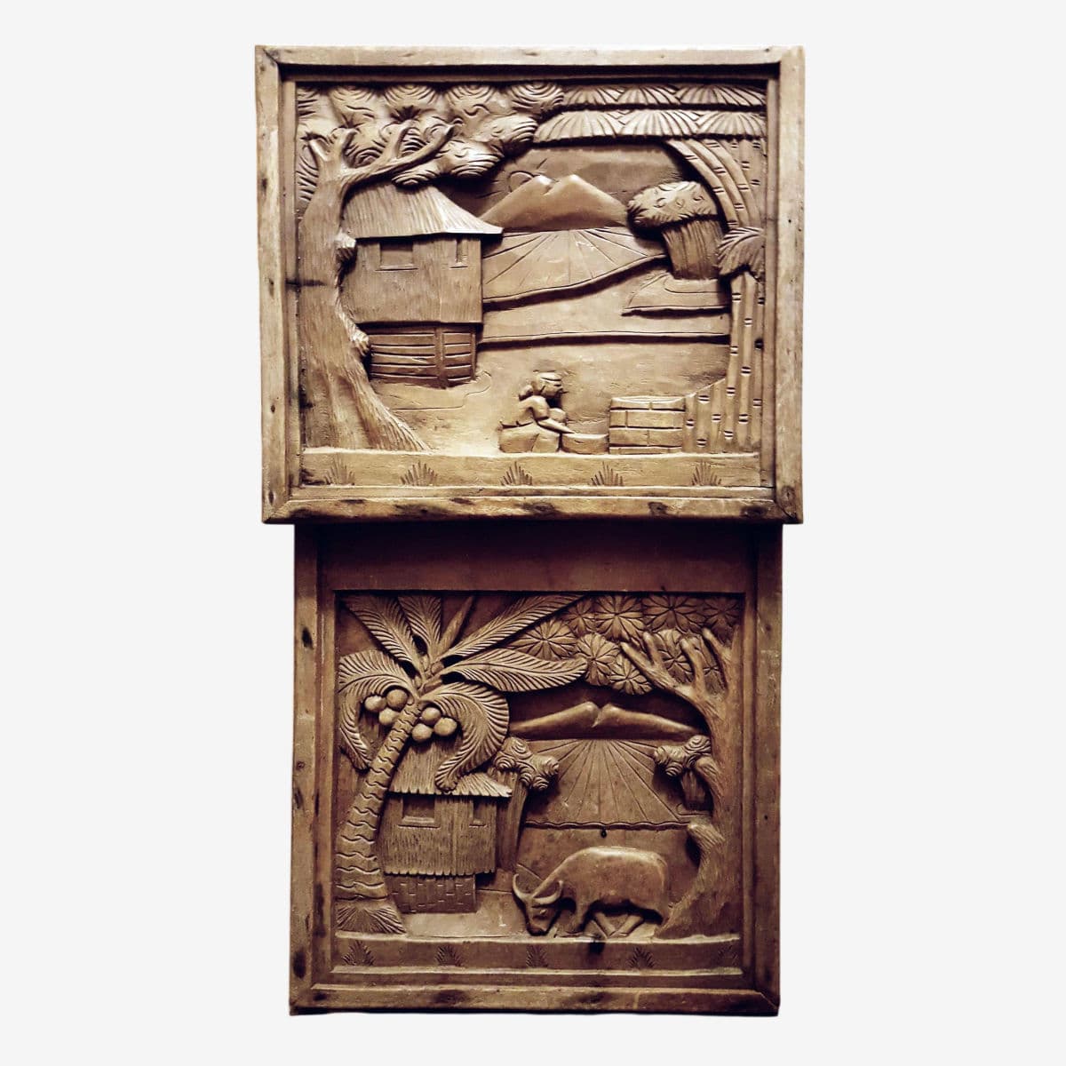 Javanese Hand Carved Solid Wood Storytelling Plaques - a Pair