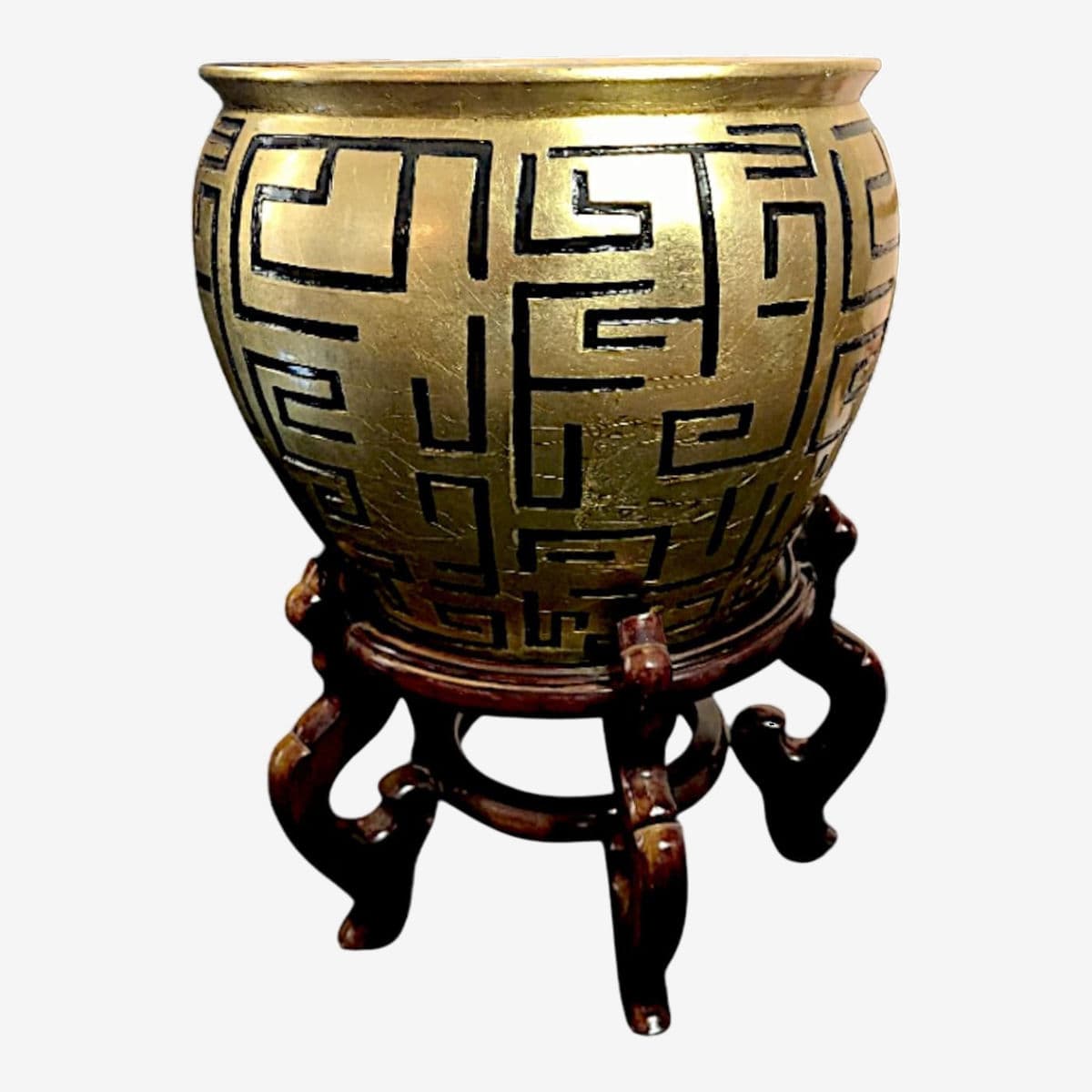 Bold Gilded Fishbowl Planter Incised Black Meander Motif on a Lacquered Wood Stand