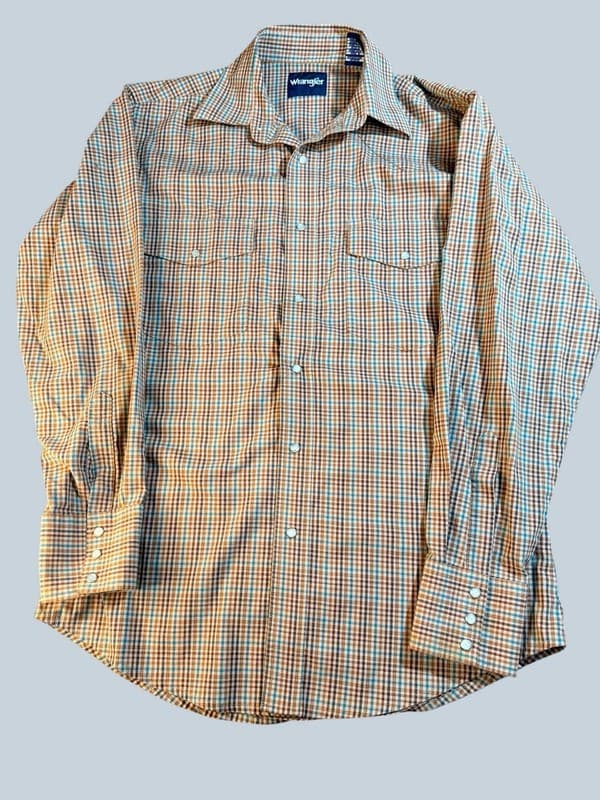 Wrangler Men's Regular Fit Plaid Pearl Snap Western Shirt Brown and Blue Check M - Image 1