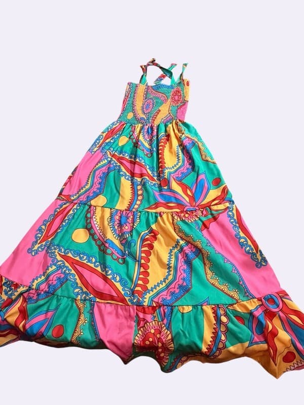 Sun Day Up Women's Colorful Boho Paisley Print Smocked Tiered Maxi Sundress - Image 1