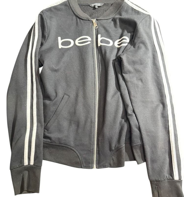 Bebe Sport Women's Black Track Jacket Logo Zip Up Bomber Fleece Lined Size L - Image 1