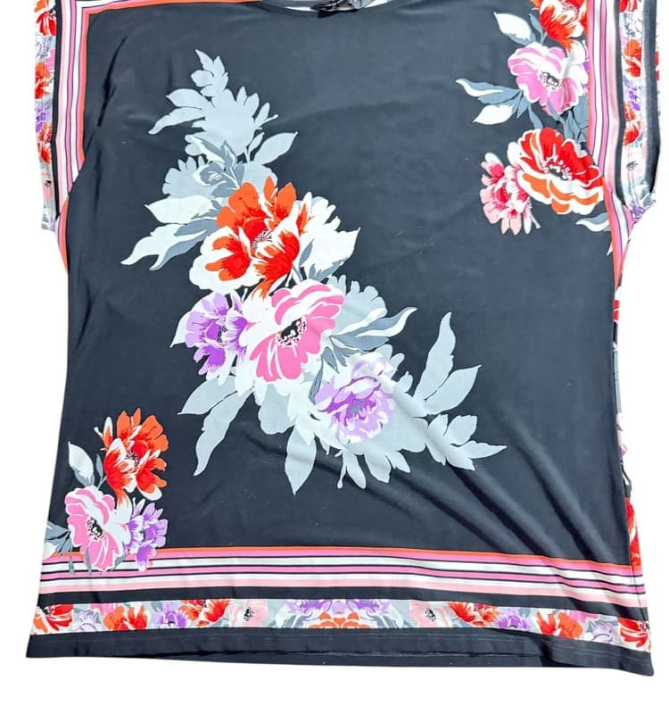 Investments Floral Blouse Women’s Medium Black Pink Border Print Top - Image 1