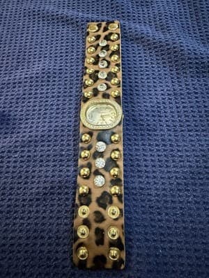 Geneva Platinum NO 9500 LC Leopard Cuff Watch Rhinestone Stud Japan Movt Women - Image 1