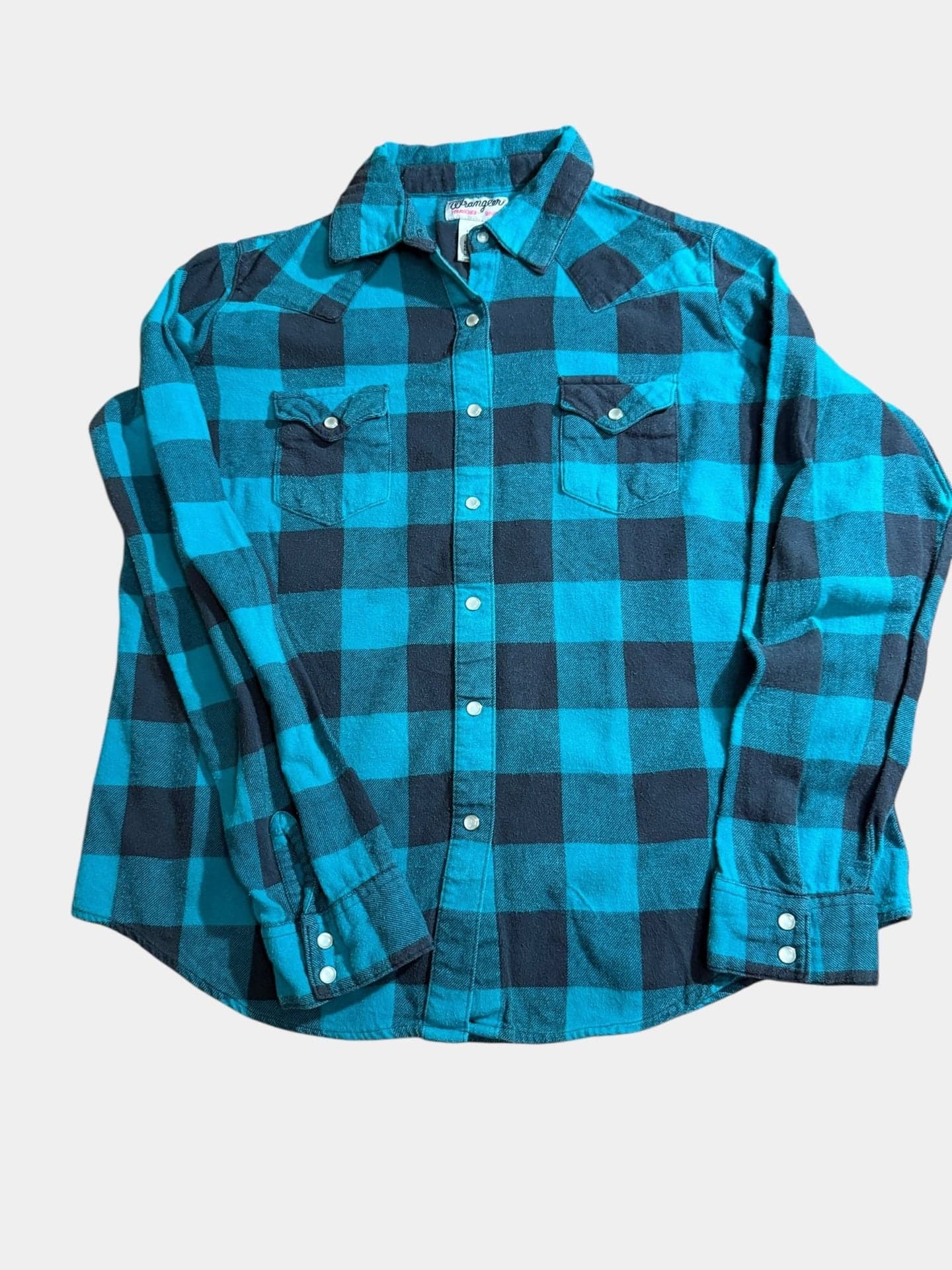 Wrangler Women’s Large Teal Black Plaid Western Pearl Snap Flannel Shirt - Image 1