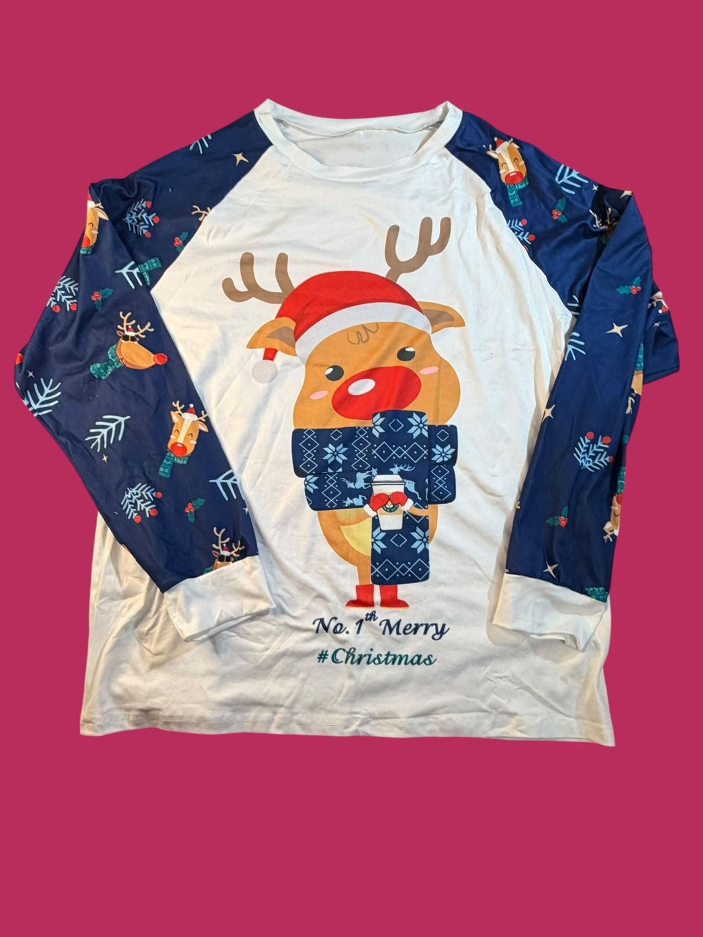 Christmas Reindeer Coffee Graphic Raglan Long Sleeve Pajama Top - Image 1