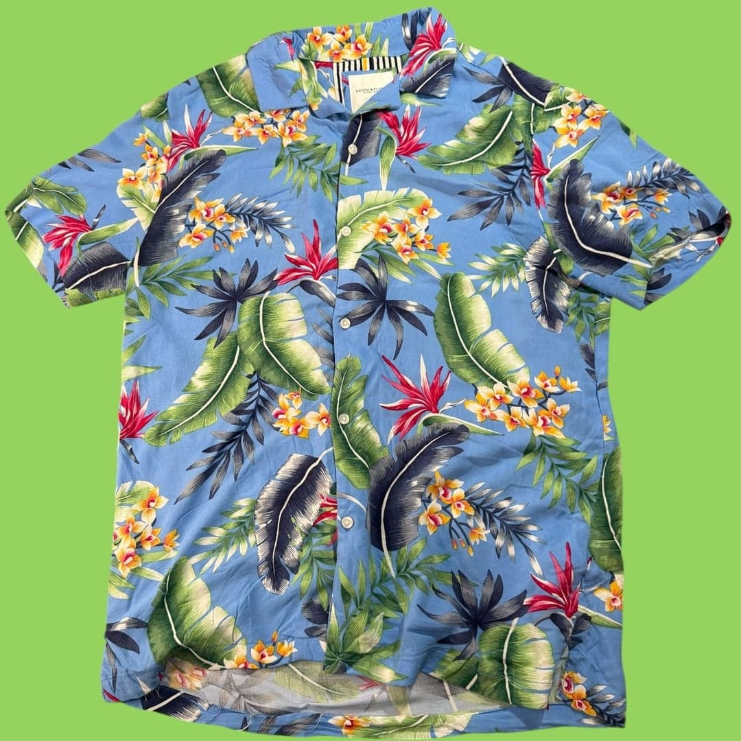 Denim & Flower Ricky Singh Mens Blue Floral Birds of Paradise Short Sleeve Butt - Image 1