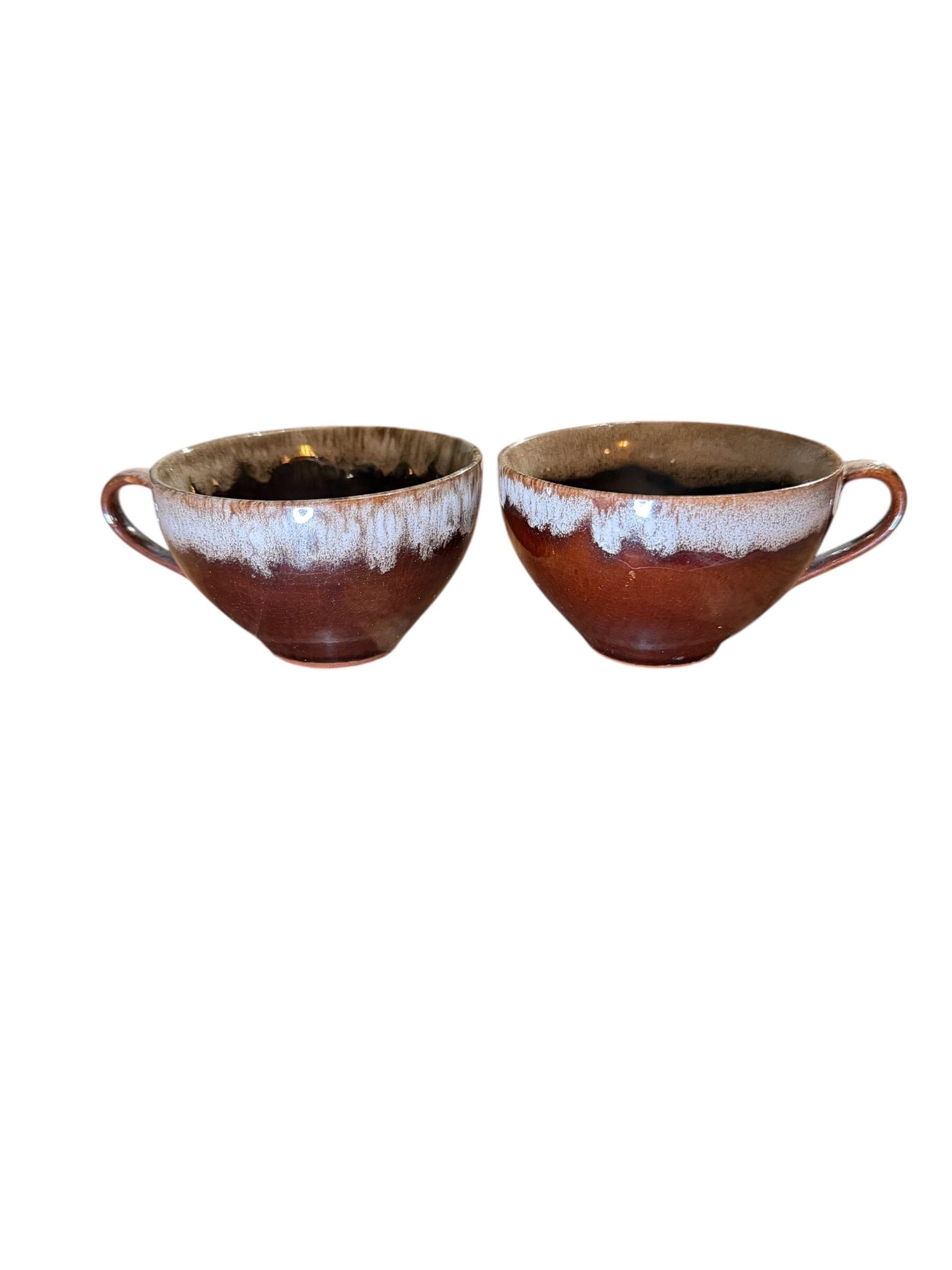 Vintage Brown Drip Glaze Stoneware Tea Cups Mid Century Studio Pottery Pair - Image 1