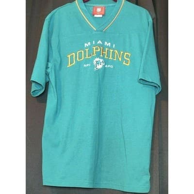 Miami Dolphins NFL Football V Neck T Shirt Mens Size Medium Teal Orange - Image 1