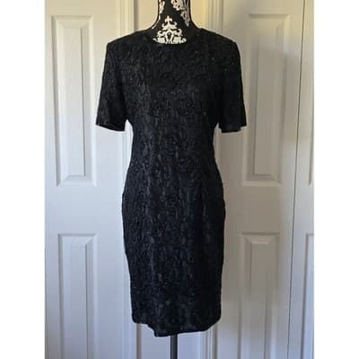 Stenay Black Beaded Floral Cocktail Dress Size 12 Short Sleeve Evening Gown - Image 1