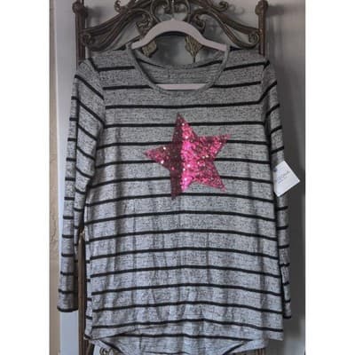 Arizona Jean Co Girls Plus Size L 14.5 16.5 Striped Long Sleeve Sequin Star Top - Image 1