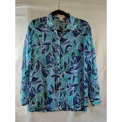Drapers & Damons Blue Teal Abstract Leaf Print Button Front Blouse Metallic Smal - Image 1