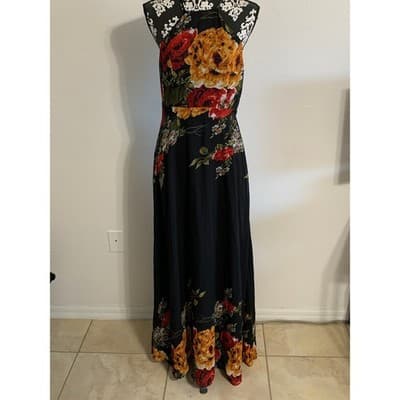 SHEIN Floral Maxi Dress Halter Neck Black Red Yellow Orange XL XL - Image 1