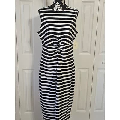 ON 34TH Plus Size 0X Black White Stripe Twist Front Sleeveless Midi Dress - Image 1