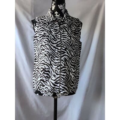 Womens Rhinestone Zip Up Collared Top Balck White Leopard Print Vest Sleeveless - Image 1