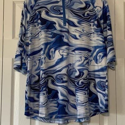 Women's Blue Geometric Half-Zip Tunic Top 3/4 Sleeve Casual 2XL - Image 1