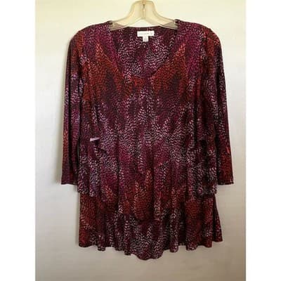 Susan Graver Women's XS Red Floral V-Neck Layered Blouse Casual Spring - Image 1