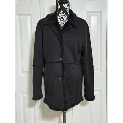 Merona Womens Black Faux Suede Shearling Coat Faux Fur Trim Jacket Size M - Image 1