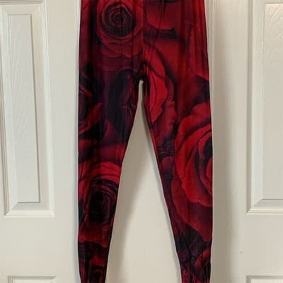 Red Rose Print Yoga Leggings Women's One Size Casual Stretchy Pants - Image 1