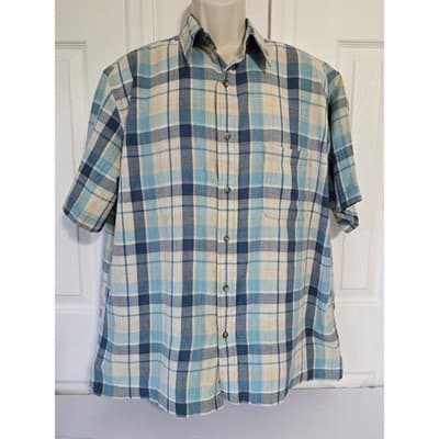 St Johns Bay Madras Shirt Mens Large Blue Plaid Short Sleeve Cotton Button Down - Image 1