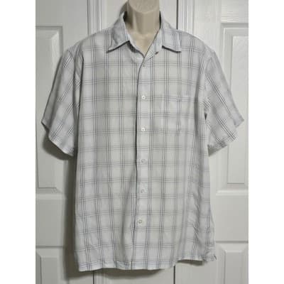 Haggar Mens XL Short Sleeve Plaid Button Down Shirt White Blue Casual Camp Top - Image 1