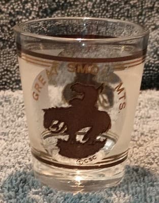 Vintage 80's Great Smoky Mountains Horse Rider Clear Shot Glass Painted Barware - Image 1