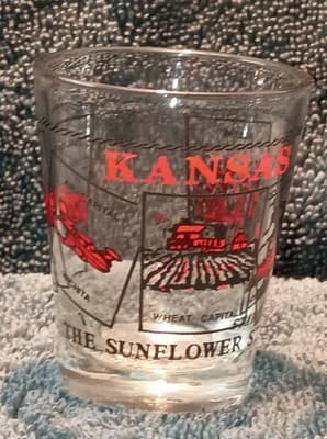 Kansas The Sunflower State Painted Shot Glass Clear Red Black Vintage 1980's - Image 1