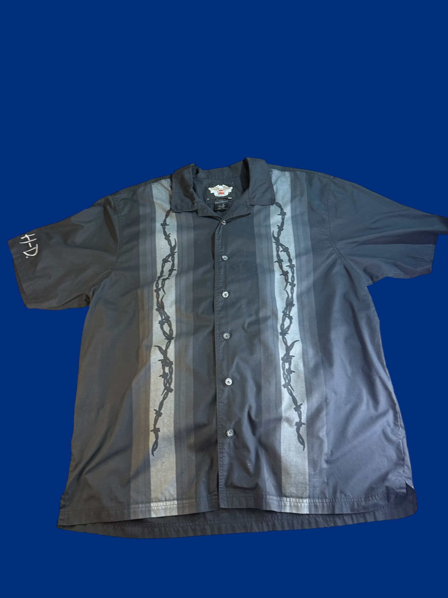 Vintage Harley Davidson 2XL Shirt Barbed Wire Stripe Camp Button Up Biker Y2K