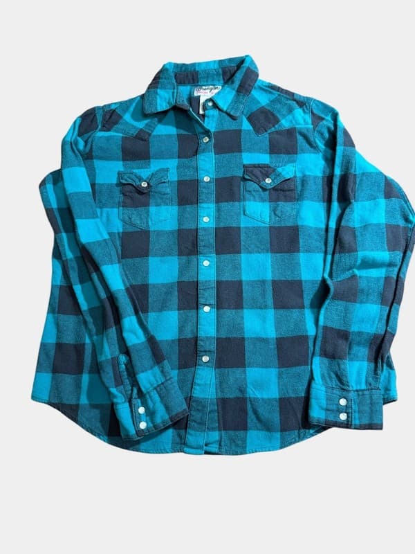 Wrangler Women’s Large Teal Black Plaid Western Pearl Snap Flannel Shirt - Image 1
