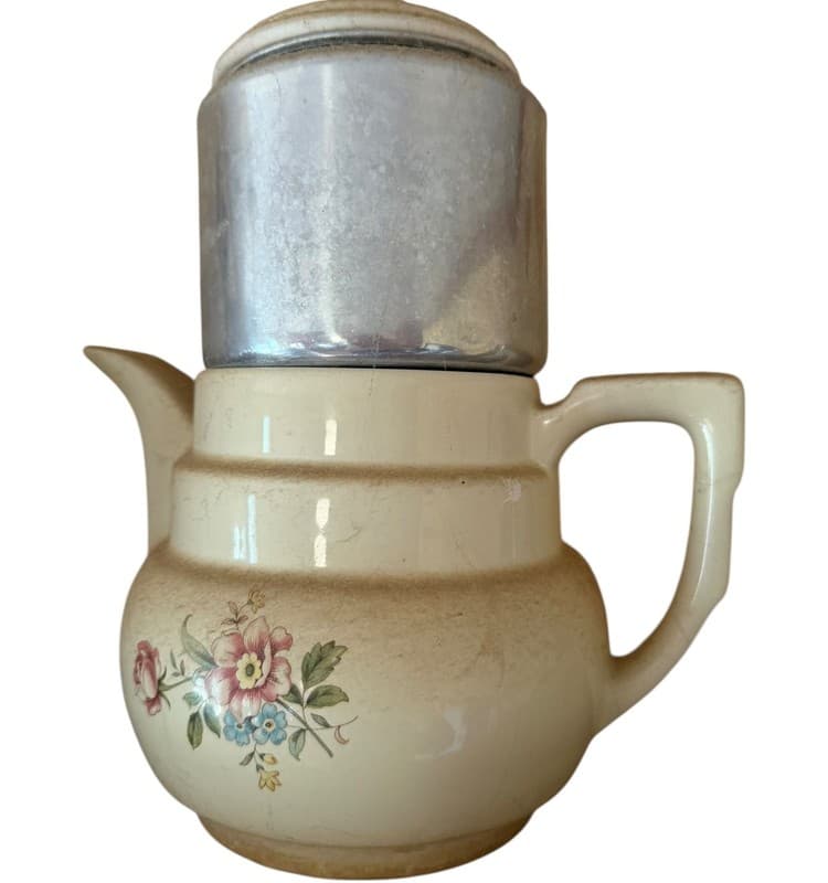 Vintage Ceramic Dripolator Coffee Pot w Aluminum Insert Floral MCM - Image 1