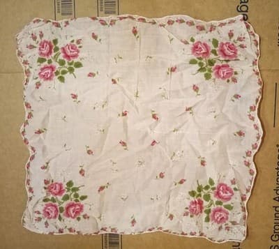 Vint Pink Rose Handkerchief Scalloped Edge 11.5” Cottagecore Floral, EXCELLENT! - Image 1