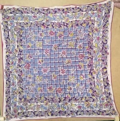 Elegant Unsigned Vintage Handkerchief | Purple & Blue Floral Motif, Mid-Century - Image 1