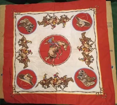 VTG Wamcraft Bandana RN 14193 Rodeo Cowboy Red White Bucking Bronco Made In USA - Image 1