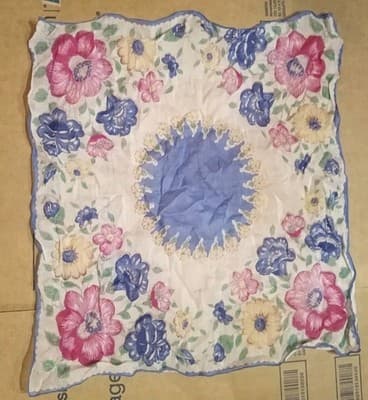 Vtg 1950s Floral Handkerchief Scalloped Swag Edge Pink Blue Yellow Medallion 13" - Image 1