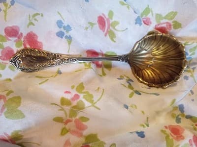 Antique Mermod Jaccard & Co Sterling Silver Shell Bonbon Spoon, Gold Wash, Rare - Image 1