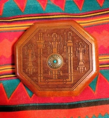 Vintage Carved Wood Music Box - Silver & Turquoise Concho Medallion - Red Velvet - Image 1