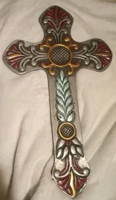 Large 17.5" Vintage Mexican Pewter Wall Cross - Hand-Painted Folk Art - Image 1