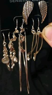 Sensitive Ear 5 Pair Set Silver Angel Wings Spiral Dangle Rhinestone Curved Drop - Image 1