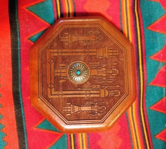 Vintage Carved Wood Music Box - Silver & Turquoise Concho Medallion - Red Velvet - Image 1