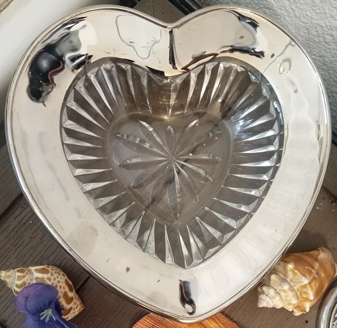 Vintage Mikasa Desire Crystal Heart Candy Dish - Silver Plated Trim 7.5" - Image 1