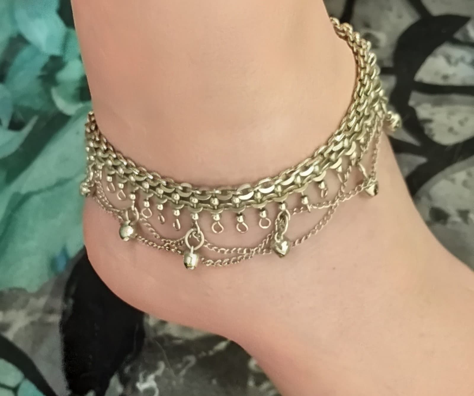 Vtg. Bohemian Tribal Bell Anklet – Layered Silver-Tone Chains – 9" + 1.25" Ext. - Image 1