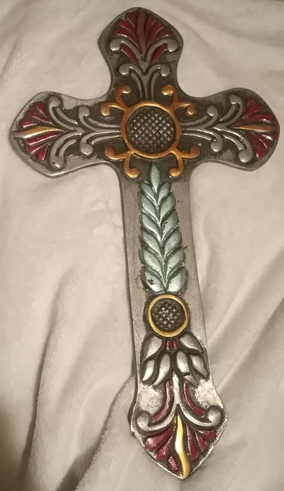 Large 17.5" Vintage Mexican Pewter Wall Cross - Hand-Painted Folk Art - Image 1