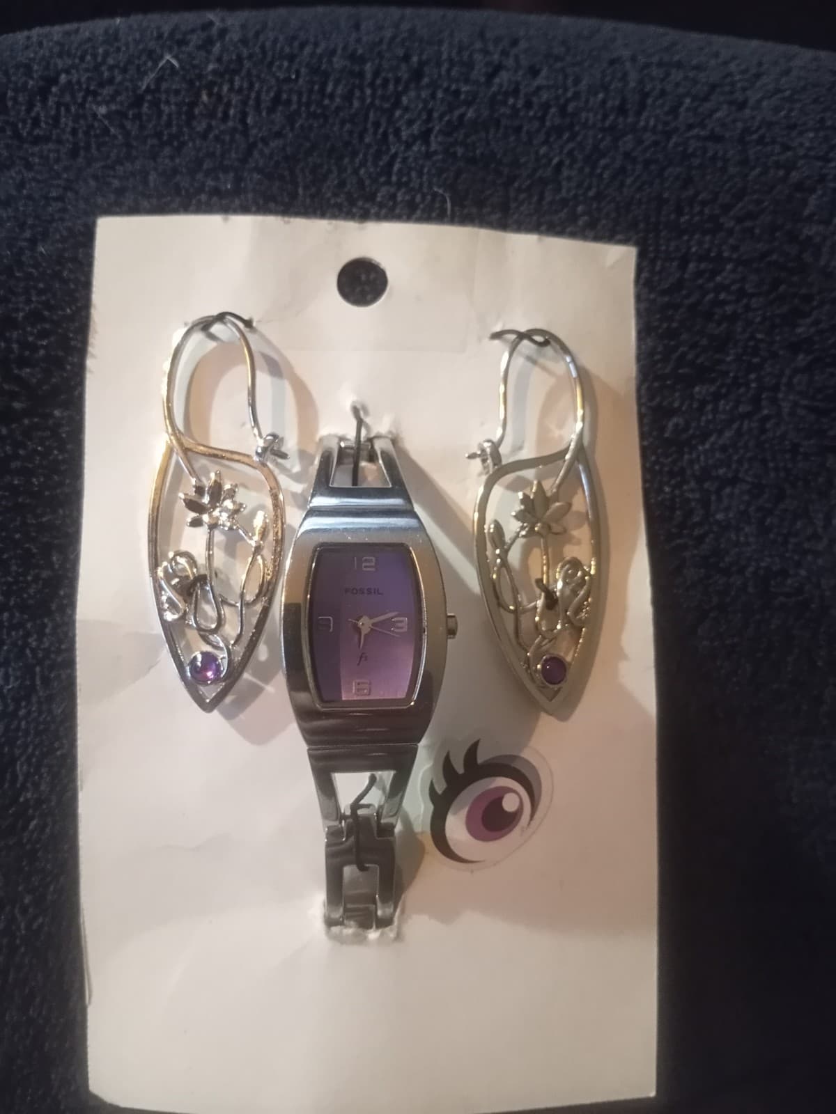 Vtg Fossil F2 Watch & Matching Silver Plated Lotus Earrings Purple/Silver Y2K - Image 1