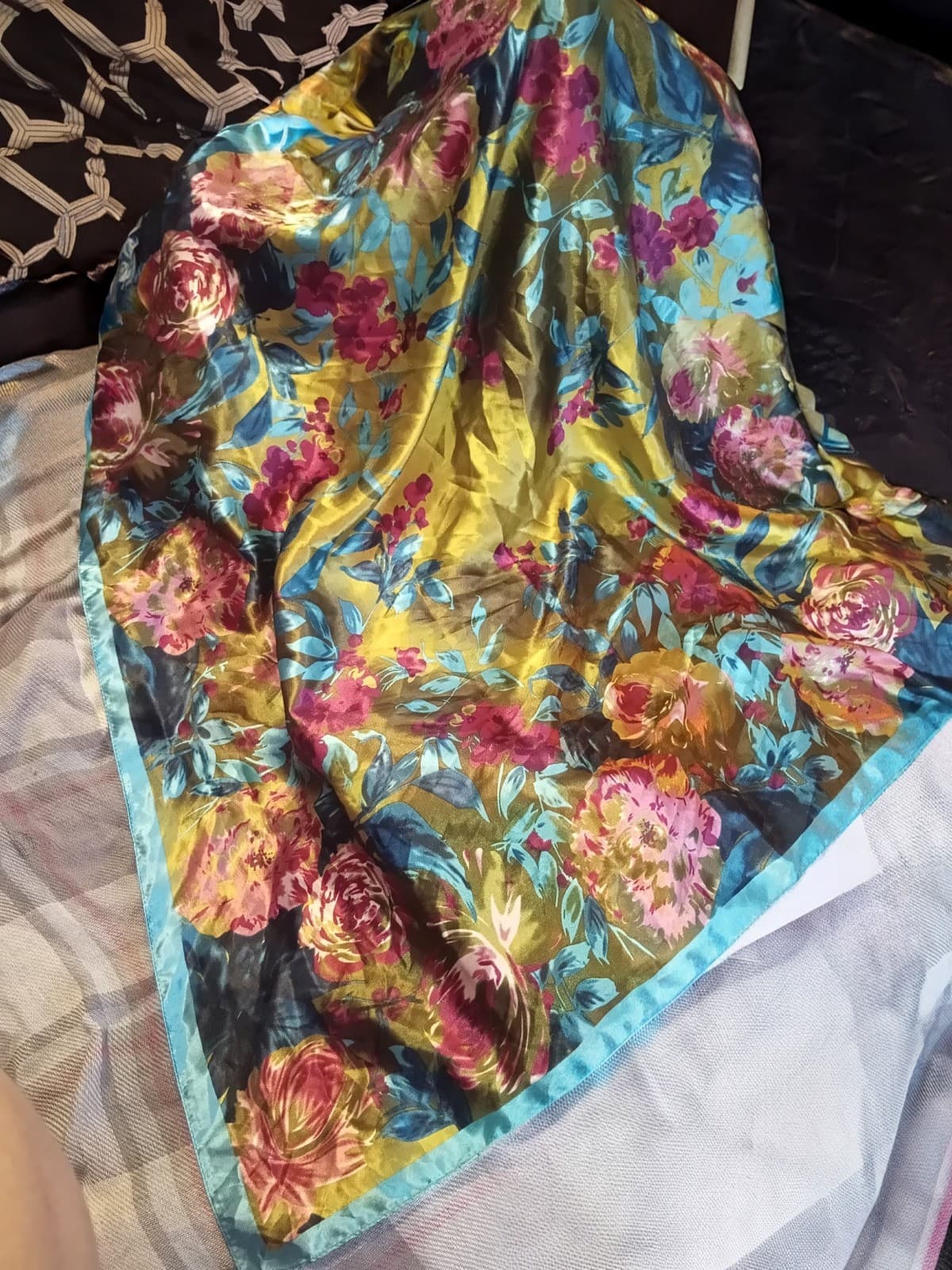 Corciova Large 35" Square Satin Scarf - Floral Print Silk-Feel Wrap - Image 1