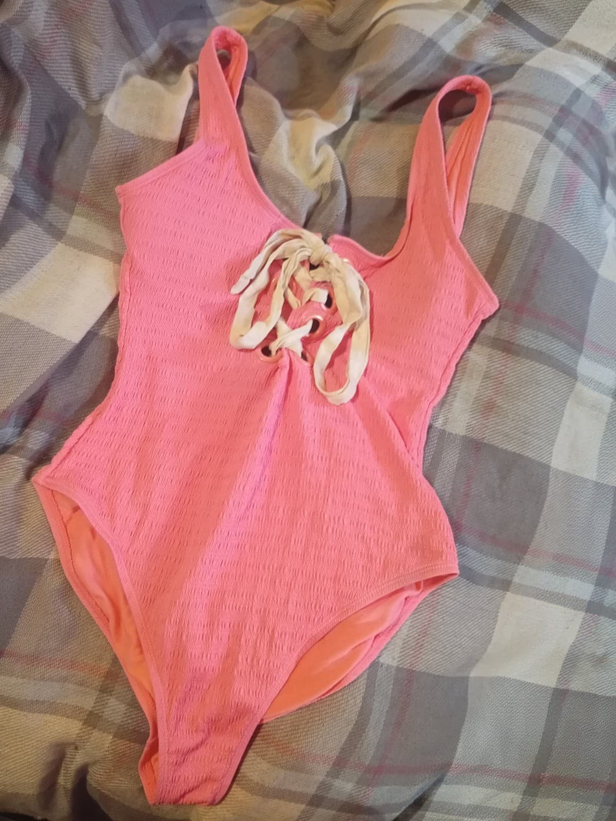 No Boundaries Pink Smocked Lace-Up One Piece Swimsuit - Size Large - Image 1