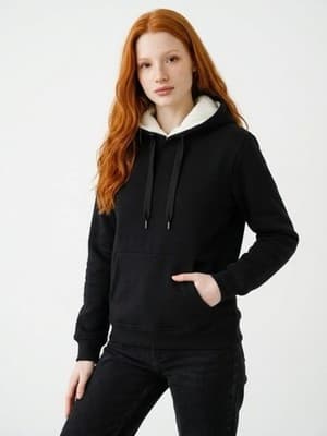Black Fleece Lined Pullover Hoodie Wonens Size M Cotton Polyester Hooded Pockets - Image 1