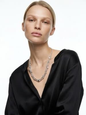 Chicos Handcrafted Layered Beaded Necklace Silver Black Cord - Image 1