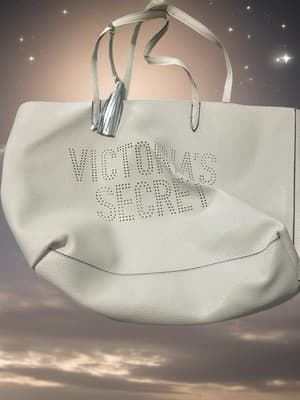 Victoria's Secret White Tote Bag with Silver Tassel and Logo - Image 1