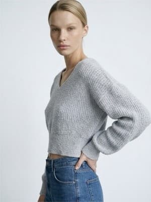 Debut Gray Ribbed Knit V-Neck Pullover Long Sleeve Sweater Women’s Size S - Image 1